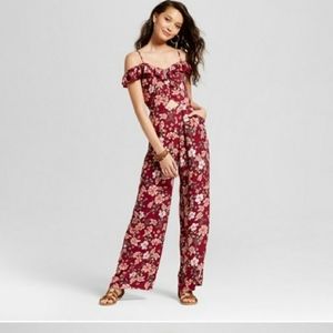 Xhilaration Cold Shoulder Berry Jumpsuit with Cutout and pockets